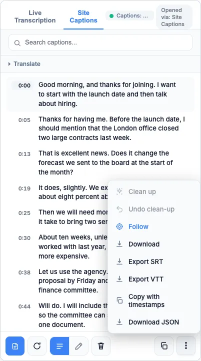 The side panel menu open, listing Download, Export SRT, Export VTT, Copy with timestamps and Download JSON