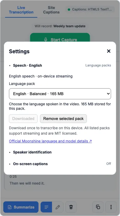 The Settings dialog with the language pack selector showing English, Balanced, 165 MB