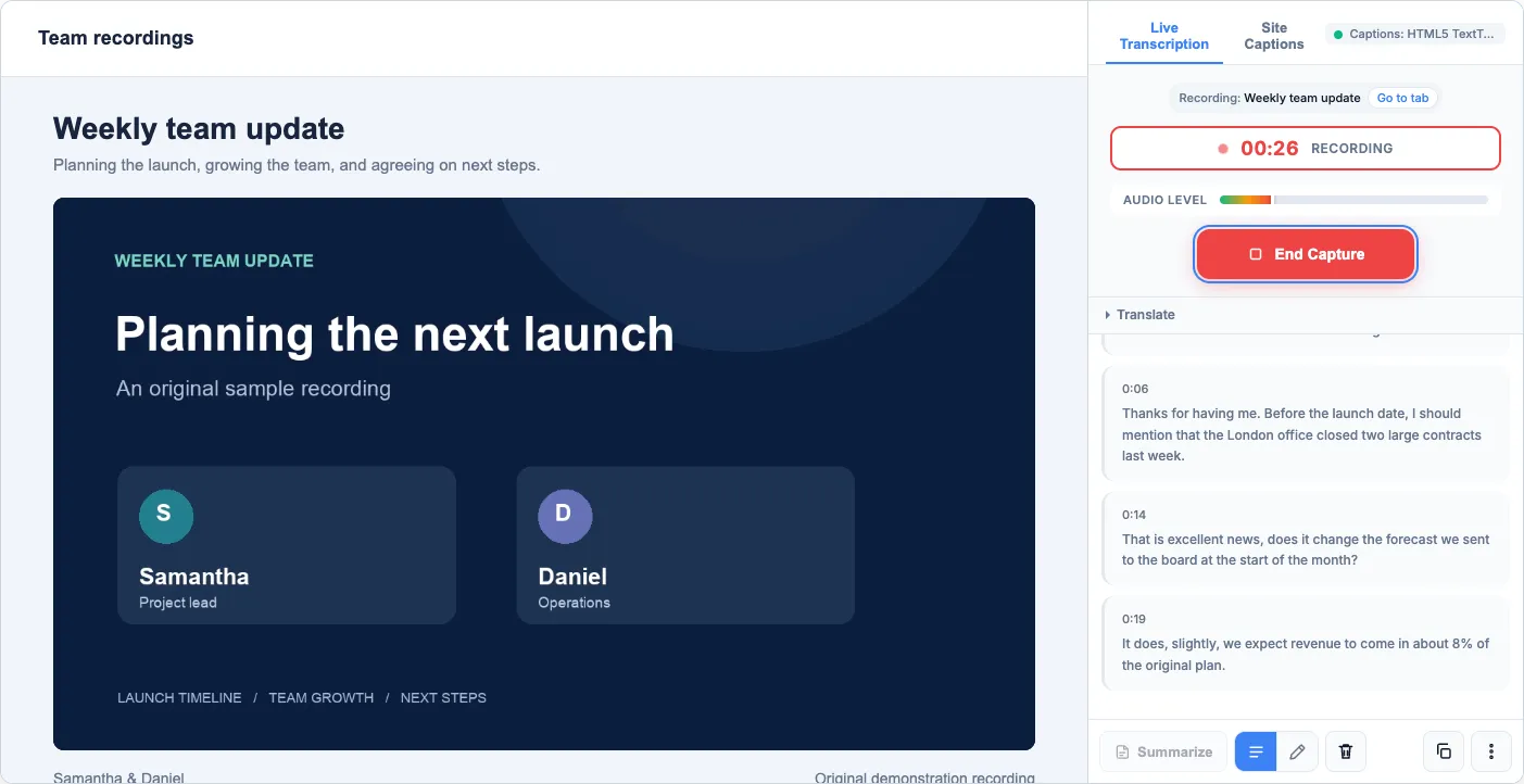 SubExtractor recording a tab: a recording timer, an audio level meter, and finished transcript lines appearing below