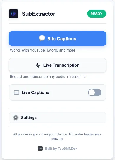 The SubExtractor popup with Site Captions, Live Transcription and a Live Captions switch
