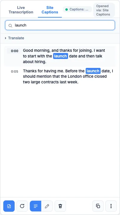 The transcript filtered to the lines that contain the searched word, each match highlighted